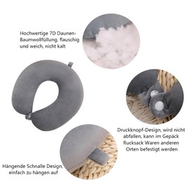 LATRAT Travel Pillow Down Cotton Neck Pillow Support Pillow Neck Pillow for Adults Velvety Soft Travel Pillow for Airplane, Car, Train, Ship, Grey