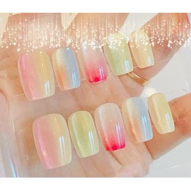 10pcs Rainbow Multicolor Press On Nails Gradient nails Acrylic Fake Nail Square Nail Glitter Gel Design with Kits (Rainbow, S)