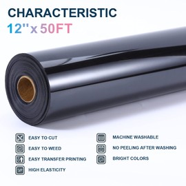 XSEINO Transfer Vinyl Roll, 12" x 50FT Black HTV Vinyl Roll withTeflon for Shirts, Black Iron on Vinyl Roll for Cricut & Cameo, Easy to Cut for Heat Transfer Vinyl Design(Black)