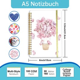 Mlife 1 Pack Spiral Notebook Journal For Women，8.5" x 6" Robust Hardcover College Ruled Notebook With Pockets, 160 Lined Pages, 100 GSM Thick Paper for School Office Work Gifts(Pink butterfly)