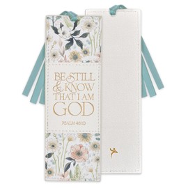 Christian Art Gifts Premium Inspirational Vegan Leather Scripture Bookmark for Women: Be Still & Know Encouraging Gold Bible Verse, Blue Satin Ribbon, Reading, Marking Pages, White Multicolor Floral