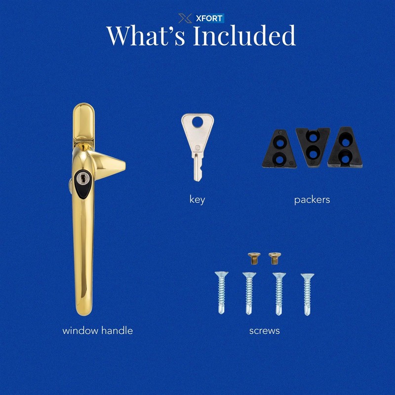 XFORT Locking Cockspur Window Handle Installation Kit in Polished Brass,