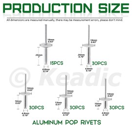 Keadic 135-piece 5 sizes aluminium blind rivets assortment set includes 3/16 inches x 3/8 inches, 1/2 inches, 5/8 inches, 1 inches, flange diameter 16 mm pop round dome open head blind pop rivets