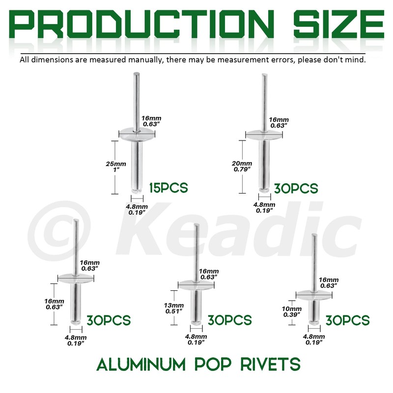 Keadic 135-piece 5 sizes aluminium blind rivets assortment set includes
