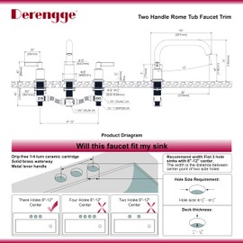 Derengge Bathtub Faucet with Valve, 2-Handle Widespread Roman Tub Faucet,3 Hole Deck Mount Roman Bathtub Faucet,Matte Black,RF-3055-MT