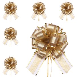 6pcs 7inch Large Pull Bows Wrapping Pull Bow Ribbon Gold, Golden Ribbon Pull Bows Gift Wrap Bows for Gift Wrapping Baskets Wedding,Valentine's,Birthday Gift,Christmas,Flower Decorations Pull Bows