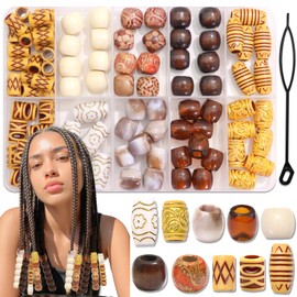 NAISKA 90PCS Wood Hair Beads 10 Styles Beads Sets African Wooden Braids Beads Acrylic Hair Tube Bead Loc Dreadlock Jewelry Hair Accessories for Women