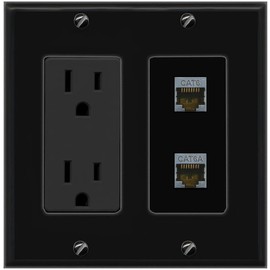 RiteAV 15A Power Outlet 1 Port CAT6-SHIELDED 1 CAT6A Jack Decorative Wall Plate [Black]