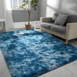 Hutha 4x6 Large Area Rugs for Living Room, Super Soft Fluffy Modern Bedroom Rug, Tie-Dyed Dark Blue Indoor Shag Fuzzy Carpets for Girls Kids Nursery Room Home Decor