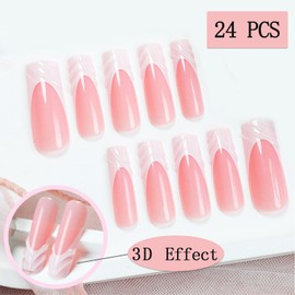 Ocean Gradient French Tips Press on Nails Long Coffin Summer Blue White French Tip with 5D Embossed Shell Designs White Ombre Glossy Full Cover Fake Nails for Women Daily Wear 24Pcs