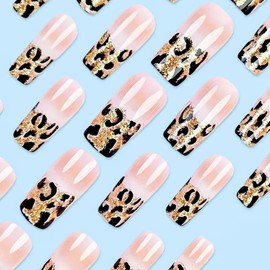 Leopard Print French Tip Press on Nails Long Square Nude Gradient Gold Glossy Fake Nails with Glue Coffin Shape Glitter Acrylic Nails for Women Manicure Decoration 24PCS Reusable False Nails