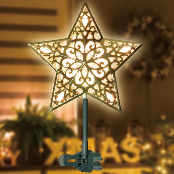 LAMPHOME 9.5" 20L Lighted Gold Glitter Christmas Star Tree Topper,Star