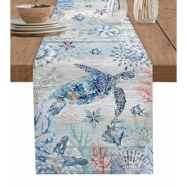 Lsrtoss Coastal Sea Turtle Table Runner 48 Inches Long Farmhouse Dress Scarves, Nautical Summer Beach Starfish Coral Vintage Dining Tablerunner for Coffee Table/Kitchen Island/Party Décor, 13" x 48"