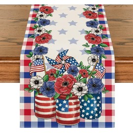 4th of July Patriotic Flowers Star Table Runner 13x72 Inch Kitchen Memorial Day Welcome Yard Outdoor Home Decoration
