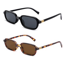 NULOOQ Retro Rectangular Sunglasses for Women, 90s Trendy Small Narrow Square Frame Sun Glasses (Black/Gray + Leopard/Brown) - 2 Pack