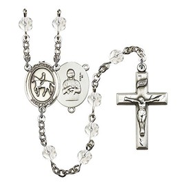 St. Kateri/Equestrian Silver-Plated Rosary 6mm April Crystal Fire Polished Beads Crucifix Size 1 3/8 x 3/4 medal charm