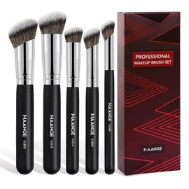 MAANGE 5 Piezas Brochas de Maquillaje Profesional con Caja Set de Brochas Maquillaje Esenciales para Base de Maquillaje Polvo Sombra de Ojos Sintéticos Premium para Regalo de San Valentín(Negro)