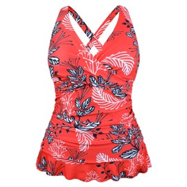 Hilor Swim Suits for Women 2025 Tankini Swimsuits Underwire Swim Top Only Retro Tummy Control Bathing Suits Red&White Floral 16