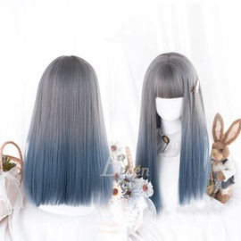 Eileen Blue Gray Semi-Long Full Wig, Women's Wig, Straight, Natural, Harajuku, Popular, Small Face, Cute, Medical