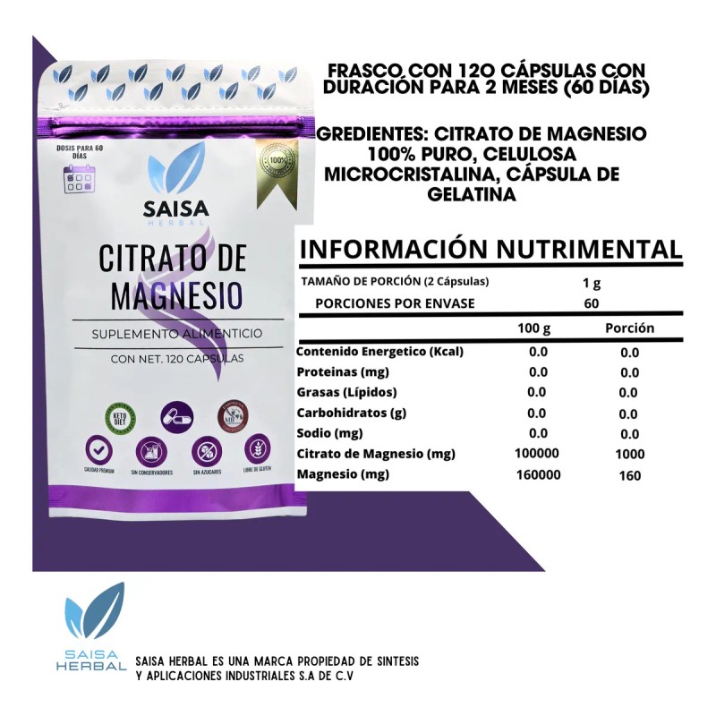 Citrato de magnesio y Citrato de Potasio bolsas 120 cápsulas