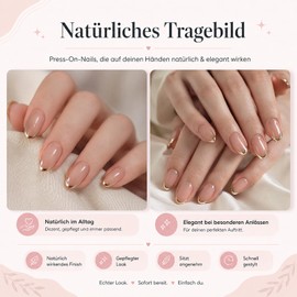 Press on Nails Short - Pack of 24 Gold French Fake Nails Full Cover with Nail Glue, Almond Nails for Sticking Acrylic Artificial Fingernails for Women & Girls Nail Art Manicure (Gold French)