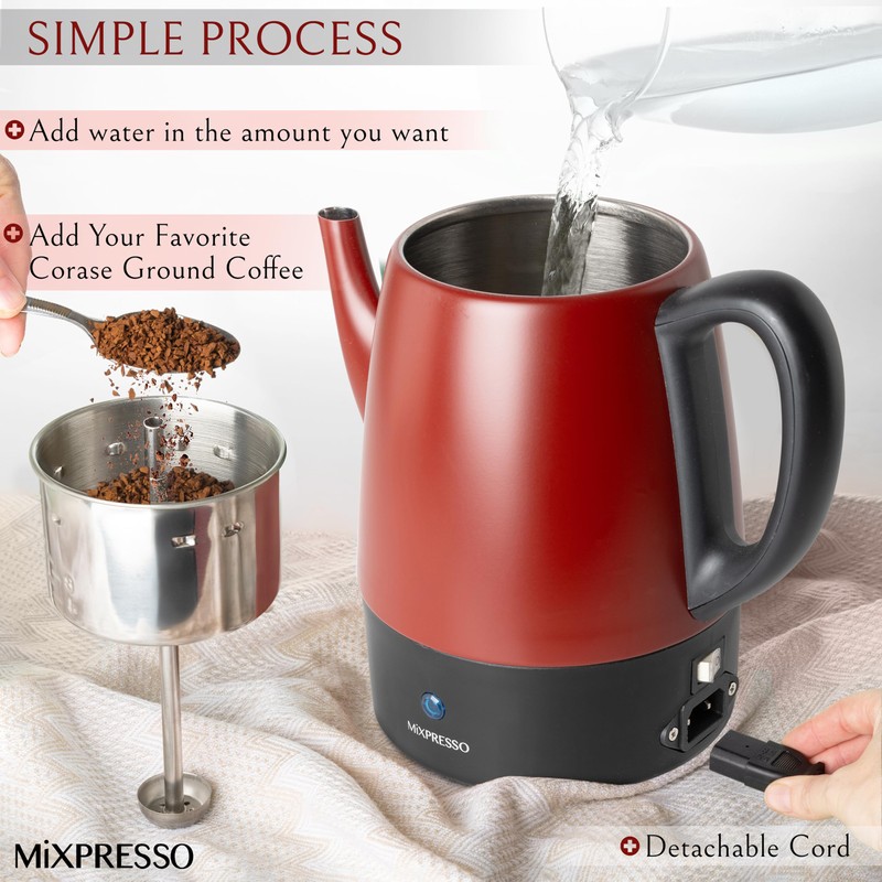 Mixpresso Red Small Percolator Coffee Pot Electric 4 Cup, Stainless