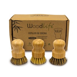 WOODLIFE® - Paquete de 3 cepillos de Cocina para vajilla, Platos y/o Limpieza de Fregadero, Fabricados de Bambu y cerdas de Palma o Fibra de Coco, 100% biodegradables.