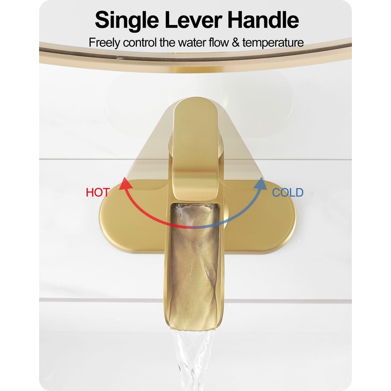 HOIGY Waterfall Faucet, Brass Gold Bathroom Faucet 1 Hole, 1