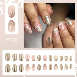 Short Press on Nails Almond Fake Nails Gold Glitter Flower Designs Glue on Nails Full Cover Nude Round False Nails for Women and Girl 24 Pcs (Pink-01, JH-01)