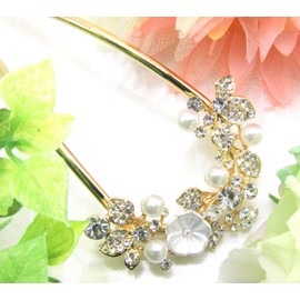 Miaomyao Hair Ornament, Hair Ornament, Kimono, Kimono, Sleeve Metal, Antique Flower, Single Flower, Pearl, Zirconia, U-Shaped Comb, Hair Accessory, Gold