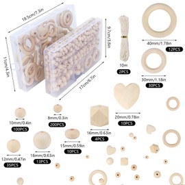 Minnhua 416 Pieces Wooden Beads Macrame Set Wooden Rings for Crafts Wooden Beads for Threading Wooden Balls with Hole Wooden Beads Natural Round Wooden Beads for DIY Jewellery Making with Craft Ropes