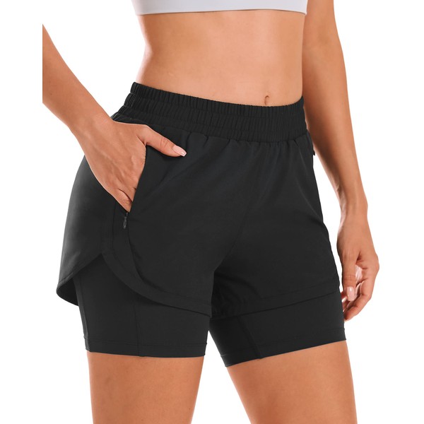Stelle Women 2 in 1 Running Shorts High Waisted Athletic Shorts Gym Workout Shorts with Liner Zipper Pockets (Black, M)