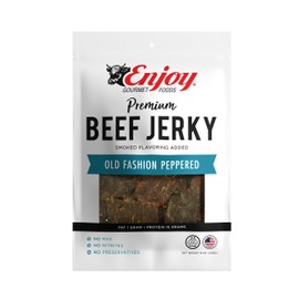 Enjoy Old Fashion Peppered Beef Jerky 8 oz (Pack of 1) | Traditional Style | High Protein | Low Fat | Zero Trans Fat | No Preservatives | No MSG | No Nitrites | USA Made | Resealable Bag