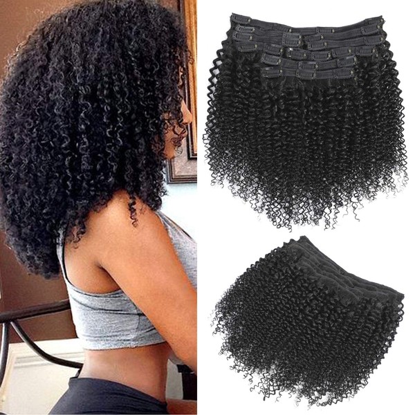 Rolisy Kinky Curly Clip In Hair Extensions Human Hair 18 Inch Curly Hair Extensions Clip In Human Hair for Black Women 3C 4A 4B Afro Kinky Curly Hair Clip Ins Soft Brazilian Remy Hair Thick Ends