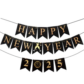 Happy New Year Banner Decorations 2025,Large Size 16.4 Feet New Years Eve Decorations Happy New Year Sign No DIY Hanging Gold Black Paper Flag Bunting for New Years Backdrop NYE Party Supplies 2025