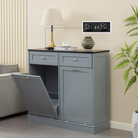 GAZHOME Double Tilt Out Trash Cabinet with Charging Station, Upgrade Wooden Trash Cabinet with Outlet,Recycling Cabinet with Hideaway Drawer,20 Gallon Tilt Out Trash Cabinet (Grey)