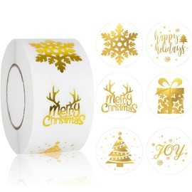 500Pcs Christmas Stickers Roll, Christmas Tree Snowflake Label Stickers Gold Foil Designs Self Adhesive Decoration Stickers Round Christmas Presents Cards Tag 1 inch Envelope Seal Holiday Stickers