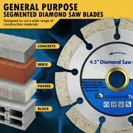 4.5" Segmented Diamond Saw Blade for Concrete, Brick, Block and Masonry, 10mm Segment Height, 7/8"-5/8" Arbor, 5-Pack