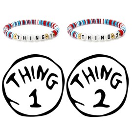 Thing 1 Thing 2 Iron-On Patch and Bracelet Set, 4Pcs Book Character Costume Accessories for Reading Week, Felt Patches with Matching Stretch Bracelets, Halloween Party Supplies