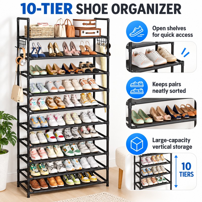 10-Tier Tall Shoe Rack for Entryway & Closet – Large-Capacity
