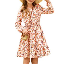 GRACE KARIN Girls Fall Dress Floral Print Long Sleeve Midi Burnt Orange Dresses with Smocked Waist for Party Holiday Size 8-10