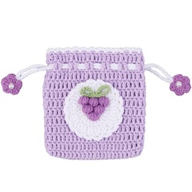 GORGECRAFT Small Crochet Drawstring Bags Handmade Small Crochet Purse Purple Cartoon Grapes Imitation Pearl Knitted Storage Bag Kawaii Coin Pouch Knitting Change Wallet Handbag for Women Girls