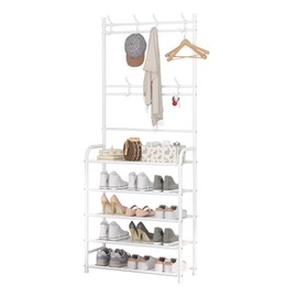 UDEAR Entryway Coat Rack - Large Space, 5-Tier Shoe Storage, Hanging & Storage, 15-20 Pairs, Multifunctional White Hanger