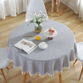 meioro Table Cloth Blue White Striped Tablecloth Tassels Cotton Linen Dust-Proof Table Cover for Dining Coffee Buffet Kitchen Picnic Tables, Parties Holiday Tablecloths (Round 59 Inch)
