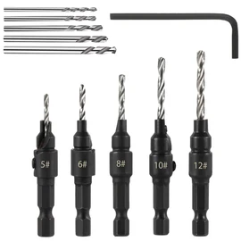 Saipor 5pcs Wood Countersink Drill Bit Set Hex Shank Quick Change Counter Sinker Pre Hole Drill Bit Set Screw Counterbore Bit Pilot Bit Set #5, #6, #8, #10, #12 for Woodworking and Carpentry