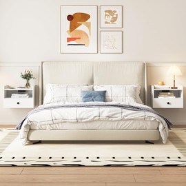 HOSEOKA Floating Nightstand Set of 2 Modern Night Stands with Drawer and Open Shelf Cubby Small Bedside End Table with Charging Station Wall Mounted Nightstands Set 2 for Bedroom White