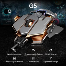 SEUNKWANG EWEADN G5 Wired Gaming Mouse, Ergonomic RGB Computer Mouse, 12800 Adjustable DPI, 9 Programmable Macro Buttons with Rapid Fire Key Compatible for PC/Laptop/Windows-Grey