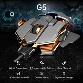 EWEADN G5 Wired Gaming Mouse with Adjustable Tail, 12800 DPI Programmable Computer Mouse with RGB Backlit, 9 Macro Buttons, Rapid Fire Key & Aluminum Base Ergonomic PC Mice for Laptop, PC-Grey