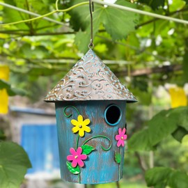Yhthoha 9.25" H Metal Hanging Decorative Birdhouse for Hummingbird with Paint - Bird Houses for Outside, Birdhouses for Outdoors, Bluebird Houses for Outside for Yard, Garden, Backyard. (Blue)