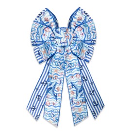 HIENAJ Large Summer Ocean Bow for Wreath, Blue Corals Burlap Bows for Front Door Wall Fence Decor, Starfish Turtles Wreath Bow Tree Topper Bow for Wreaths Basket DIY Crafts Gift Party Bow Decoration